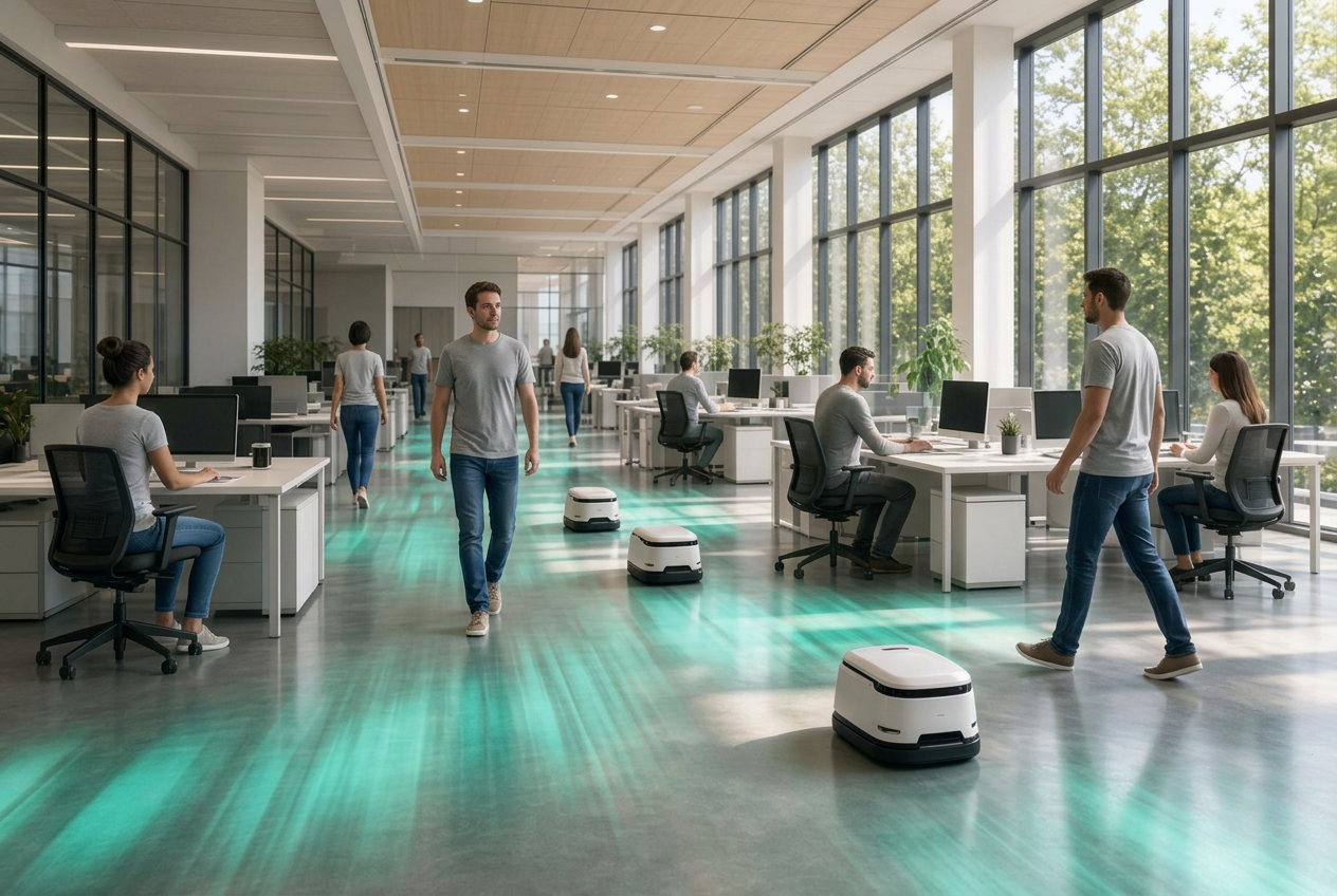 Bright open-plan office with area-level sensing fields and service robots; people are unmarked